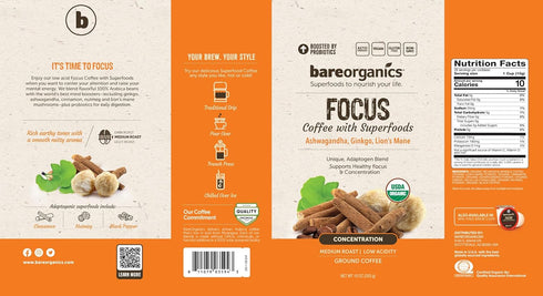 10 oz Focus Coffee with Superfoods - Organic Probiotic Mushroom Ground Bagged Coffee, Supports Healthy Focus