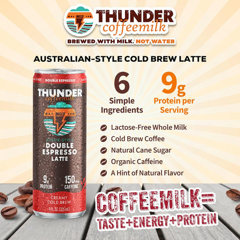 Thunder Coffeemilk 11 oz 150mg 12 Pack - Aussie Style Cold-Brewed Latte Canned Coffee, Iced Coffee Cans for Grab & Go