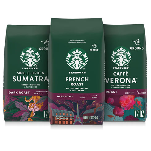 Starbucks Ground Coffee, Dark Roast Hot or Iced Coffee, Variety Pack, Three