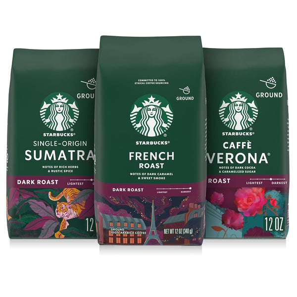 Starbucks Ground Coffee, Dark Roast Hot or Iced Coffee, Variety Pack, Three