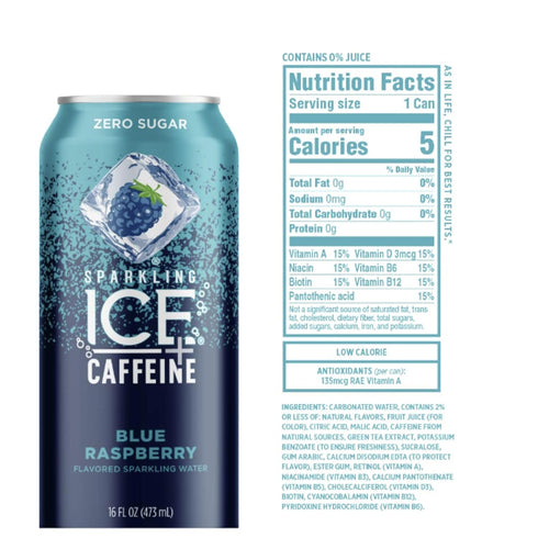 Vallary 16 Oz (Pack 8) Water, Sparkling + Caffeine Blue Raspberry, with Antioxidants and Vitamins, Zero Sugar, Fl