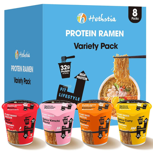 Hethstia High Protein Ramen Variety Pack, 8-Pack Instant Ramen Noodle Soup Cups