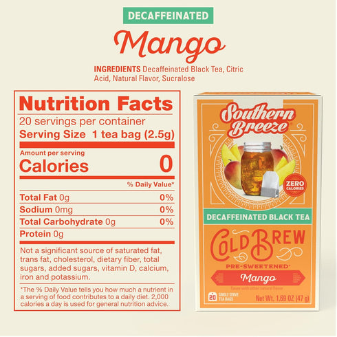 20 Pack 4 Southern Breeze Decaf Cold Brew Sweet Tea Mango Iced Tea with Black Tea and Zero Carbs Zero Sugar