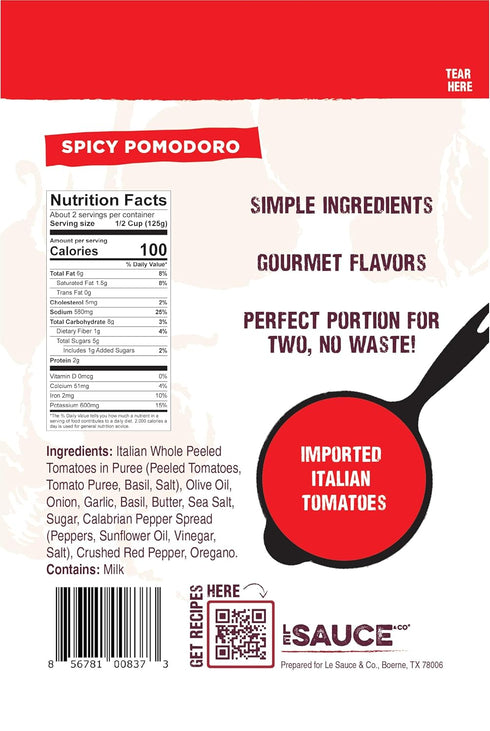 (2-pack), Always Fresh, Two Servings, Spicy Pomodoro Gourmet Pasta Sauce Le Sauce & Co. Imported Italian San Marzano