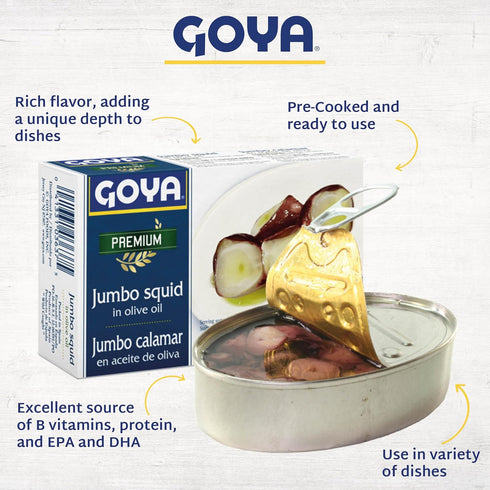 4 oz (Pack 6), Goya Premium Jumbo Squid Octopus Style in Olive Oil, Cans of Mediterranean-Style Seafood, Ready-to-Eat