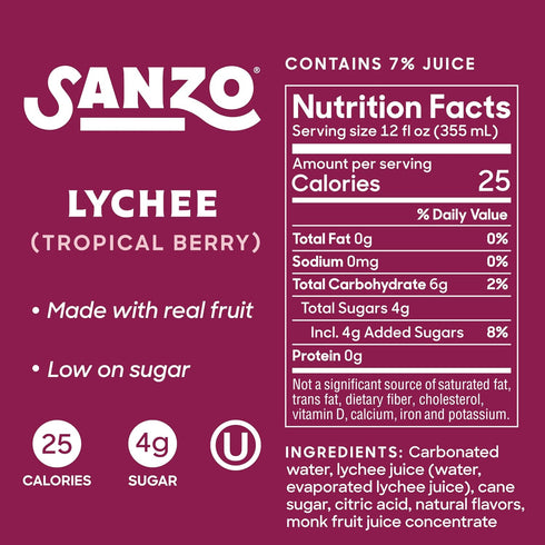 12oz, 12 Pack Sanzo Flavored Sparkling Water - Tropical Berry Seltzer (Lychee) - Low Calorie Low Sugar - Craft Asian