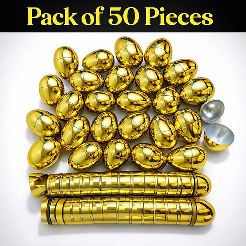 50 2.3" 1.75" GiftExpress Gold Easter Eggs - Piece Bulk x Golden Metallic Plastic Eggs Hinged - Adult & Kid Party Toys