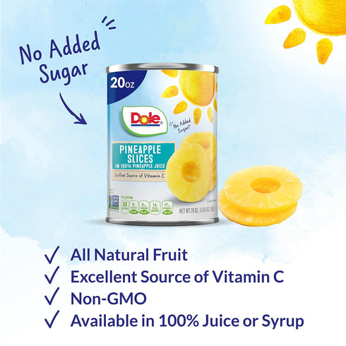 100% 20 Oz, Packaging (Pack 2) Dole Canned Fruit, Pineapple Slices in Pineapple Juice, Gluten Free, Pantry Staples, May