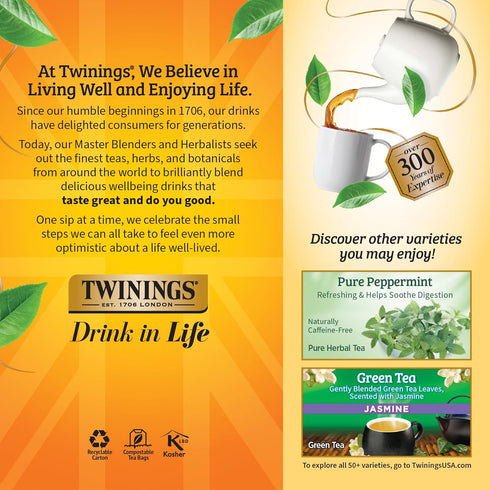 25 Count (Pack 6), 150 Twinings Lemon & Ginger Herbal Tea Individually Wrapped Bags, of Spicy Ginger, Lemon Peel