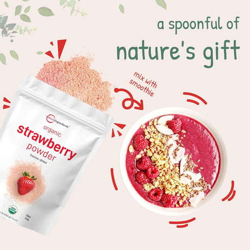1 Lb 100% Organic Strawberry Powder, | Natural Fruit Powder | Freeze-Dried Strawberries Source | No Sugar & Additives |
