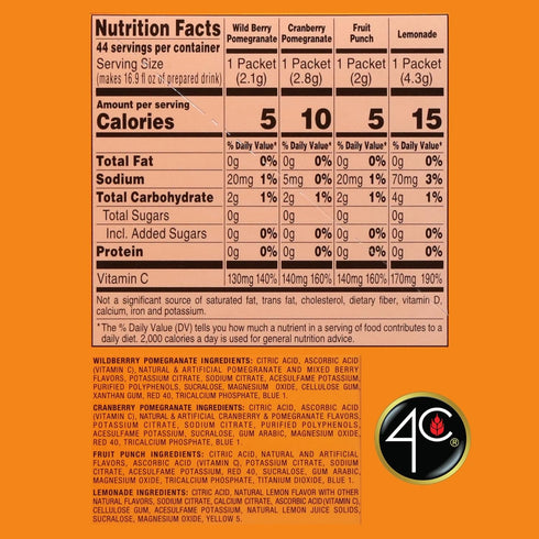 4C Packets, 1 Pack, 44 Count, (11 Powder Drink Mix PSD Variety Singles Stix On the Go, Refreshing Sugar Free Water