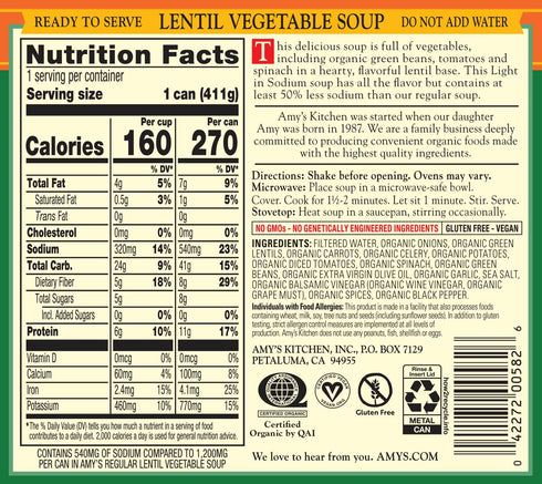 14.5 Oz (12 Pack) Amys Soup, Vegan Light in Sodium Lentil Vegetable Soup, Gluten Free, Made With Organic Vegetables