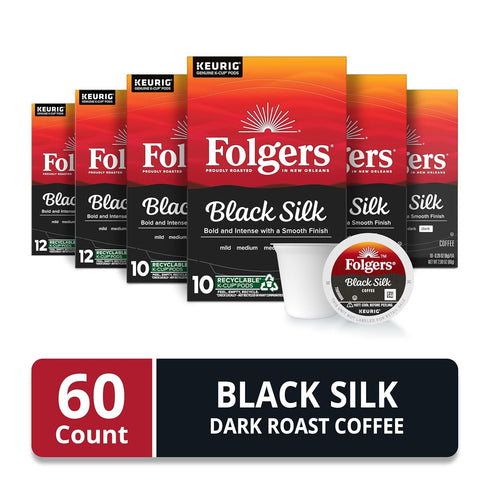 10 Count (Pack 6) Folgers Black Silk Coffee, Dark Roast, Keurig K-Cup Pods, Box
