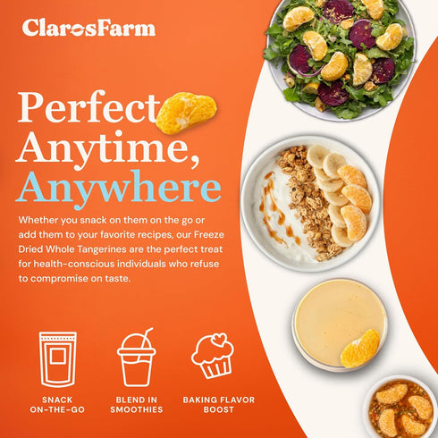 (25g) (5-Pack) Claros Farm Organic Freeze-Dried Tangerines Single-Ingredient, Resealable Dried Fruit Snacks w/No Sugar