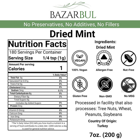 7oz Bag|%100 Dried Mint Leaves Spearmint Resealable Natural, Non-irradiated, Non-GMO, Gluten Free, Raw Turkish Dried