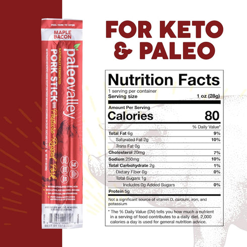 28g 10 Paleovalley Pasture-Raised Pork Sticks - Maple Bacon Flavor Meat Sticks Individually Wrapped, - Sticks