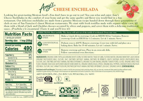 Frozen 9 oz. Amy's Meals, Cheese Enchilada Entree, Gluten Free