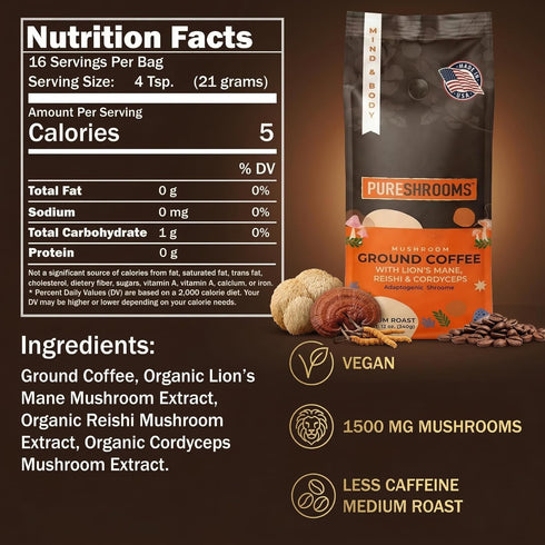 340g PureShrooms Mind & Body Ground Mushroom Coffee Focus, Energy & Mood Support Premium Arabica with Organic Lions