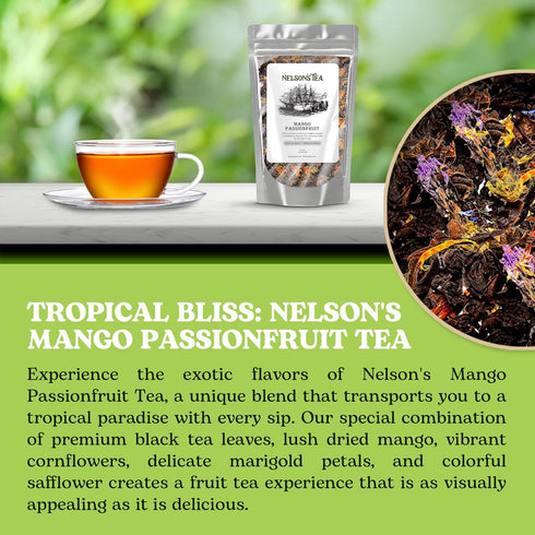 (16 oz) Nelson's Tea Mango Passionfruit - Black Loose Leaf Tea - Irresistible Blend of Black Tea, Dried Mango