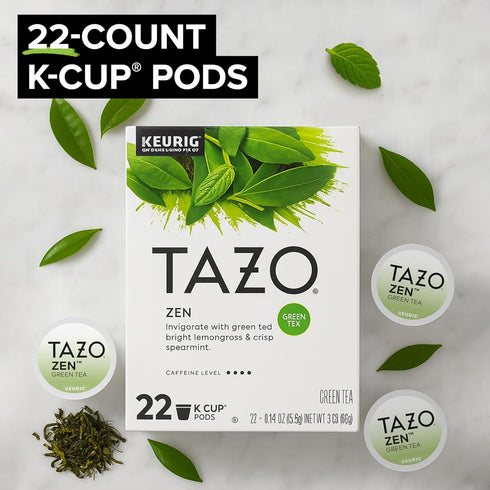 22 TAZO Organic Zen Green Tea K-Cups, Caffeine Free Tea with Refreshing Lemongrass & Spearmint, Pods