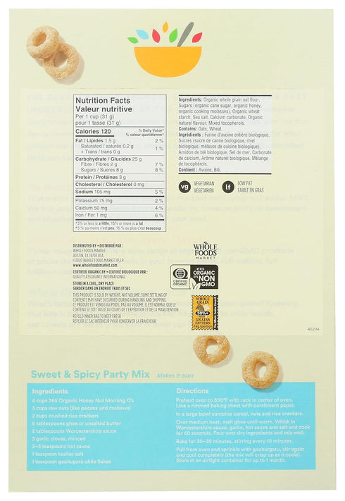 365 12.2 by Whole Foods Market, Organic Honey And Nut Morning O's Cereal, Ounce