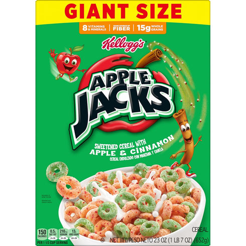 23oz (1 Kelloggs Apple Jacks Breakfast Cereal, Kids Snacks, Family Breakfast, Giant Size, Original, Box Box)
