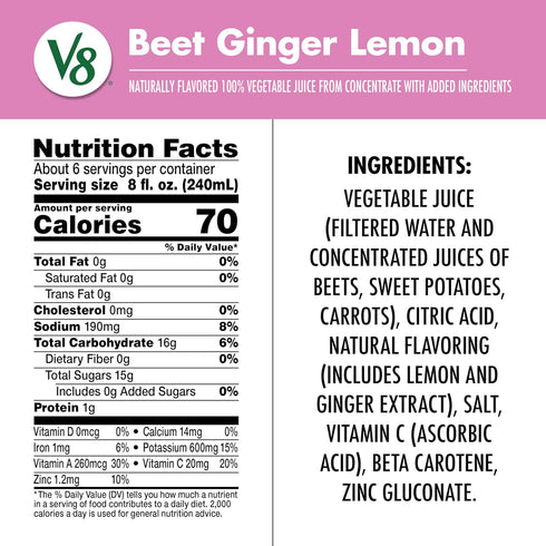 V8 100% 46 OZ (Pack 6) Beet Ginger Lemon Vegetable Juice, Naturally Flavored Vegetable Juice From Concentrate, FL