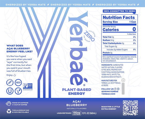 Pack 12, 12oz Yerba Energy Seltzer - Acai Blueberry, No Sugar/Calories/Carbs. Energized by Yerba Mate, Naturally