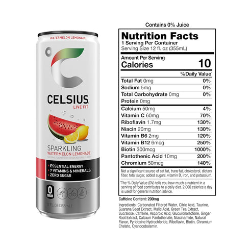 12 Oz (Pack 12) CELSIUS Sparkling Watermelon Lemonade, Sugar Free Energy Drink, Fl