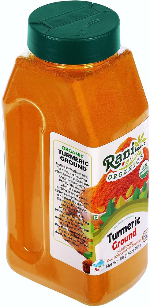 Rani Organic Turmeric (Haldi) Root Powder Spice, High Curcumin Content, 16oz (1lb) PET Jar, USDA Certified Organic
