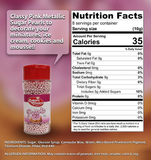 Baker's Choice Edible Pearls - Metallic Pink Pearl Sprinkles - Edible Sugar Pearls, Dairy Free, Kosher - 3 oz.