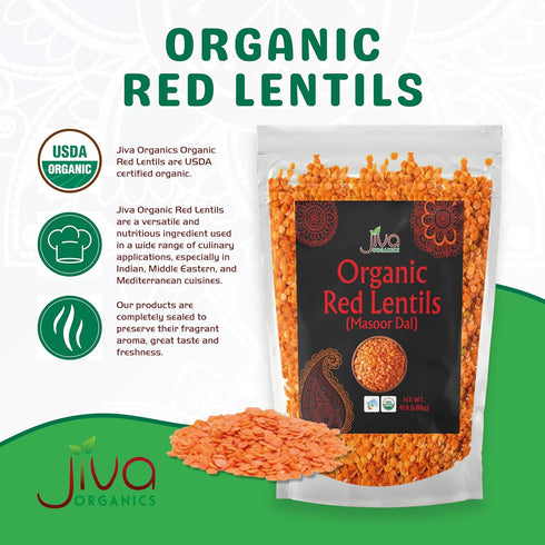 4 LB Jiva Organics Organic Red Lentils Split LARGE Bag - Masoor Dal - Non-GMO, Vegan, Non-Irradiated