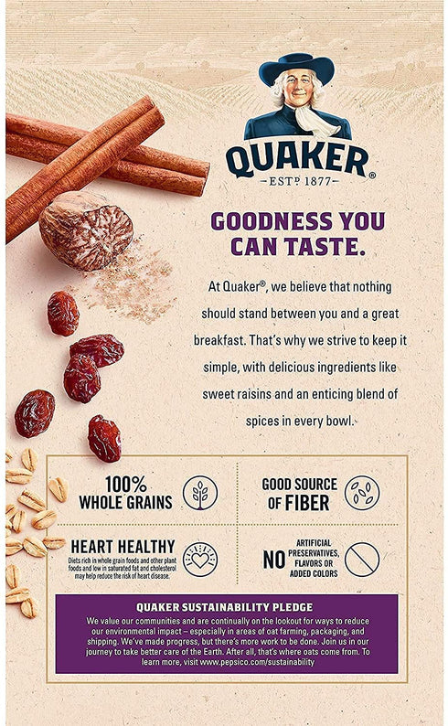 10 count 1.51 oz Packets (Pack 4) Quaker Instant Oatmeal, Raisin & Spice, Breakfast Cereal, , Per Box