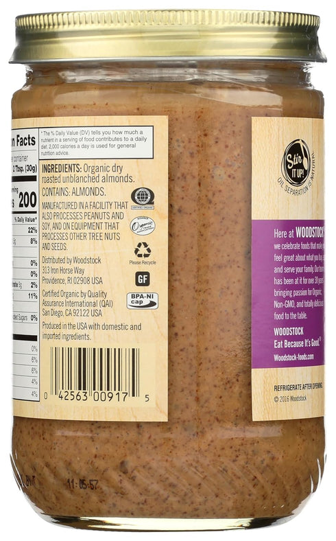 16 oz Woodstock Smooth Organic Lightly Toasted Almond Butter, Unsalted