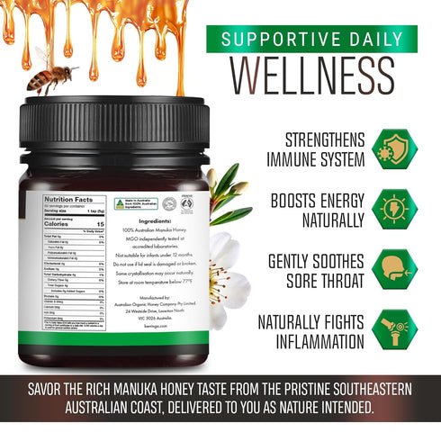 Berringa 120+ Wellbeing 100% (8.82 oz) Manuka Honey Organic MGO Mild Strength, Supports General & Digestive Balance
