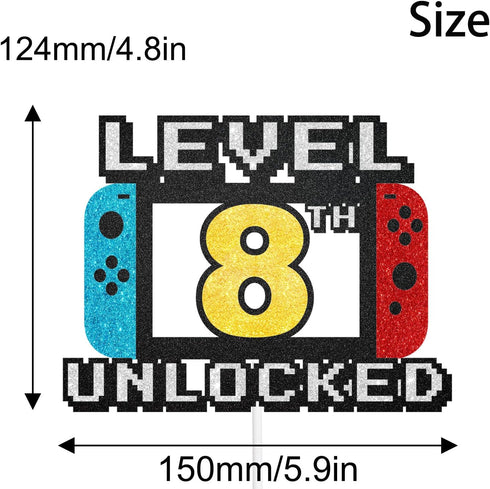 Level 8th Unlocked Cake Topper - Game Sign Theme Party Decorations for 8th Birthday Level Up Cake