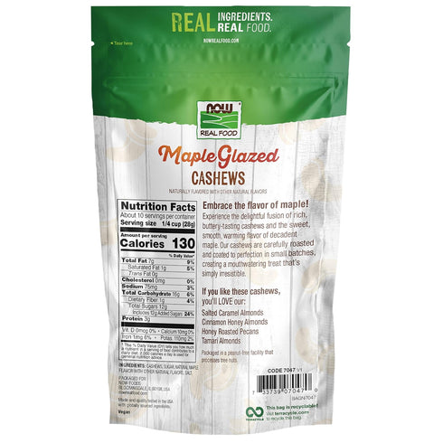 10 oz. (Pack 2) NOW Real Food Maple Glazed Cashews, bag, Crafted in Small Batches, Non-GMO Verified