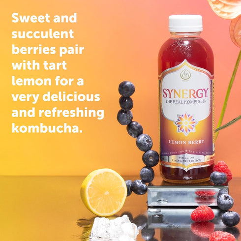 16 oz Immune SYNERGY The Real Kombucha - Lemon Berry - fl Bottle - Raw Probiotic Drink for Gut Health and Support