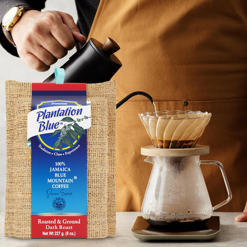100% (8oz) PREMIUM PLANTATION BLUE TRADITION CLASS EXPERIENCE Blue Mountain Coffee, Dark Roast, Ground, Jamaican Coffee