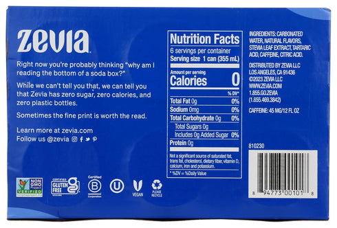 12 Oz Pack 6 Zevia Zero Calorie Soda Cola