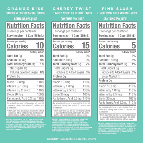 PACK 200mg 10 12 Oz 12 Pack Alani Nu VARIETY CHERRY TWIST, PINK SLUSH, ORANGE KISS Sugar Free, Low Calorie Energy