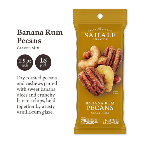 1.5 (Pack 18) Sahale Snacks Banana Rum Pecans Glazed Mix, Ounces