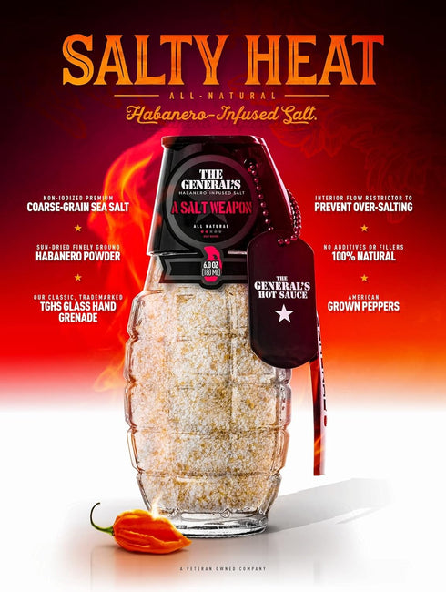 The General's Hot Sauce A Salt Weapon, All-natural Habanero Sea Salt in Glass Hand Grenade Bottle