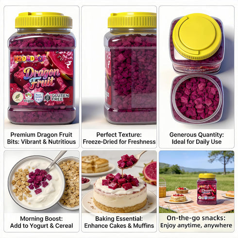 H2ONDBQF 9.5oz 1-Ingredient, Freeze Dried Dragon Fruit Cubes, Crispy & Light Red Pitaya Snacks, for Smoothie Bowls