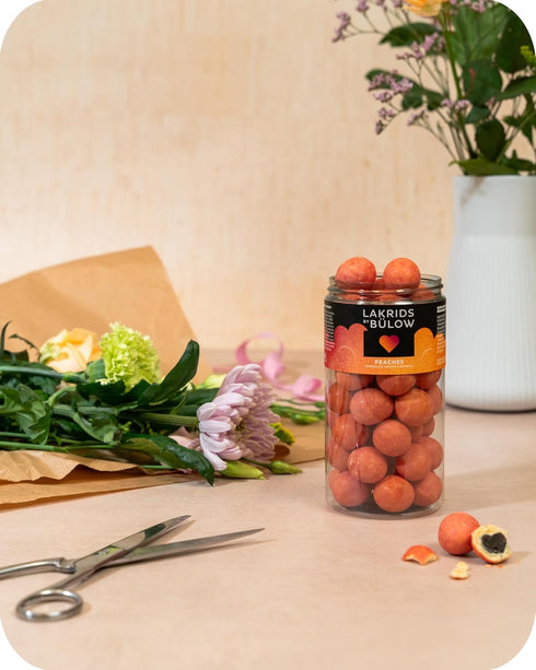 10.4 oz LAKRIDS BY BLOW - Peaches - - Chocolate Coated Gourmet Licorice - Sweet Licorice Core Coated in White Chocolate