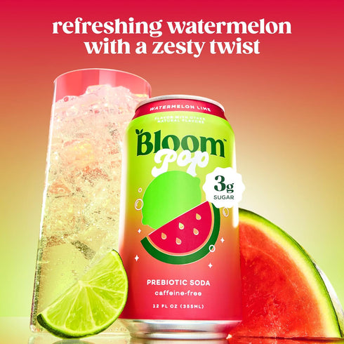 12 Pack, 12oz Bloom Pop Prebiotic Soda Watermelon Lime Flavor, Cans | Prebiotic Soda for Gut Health, Low Calorie Soda