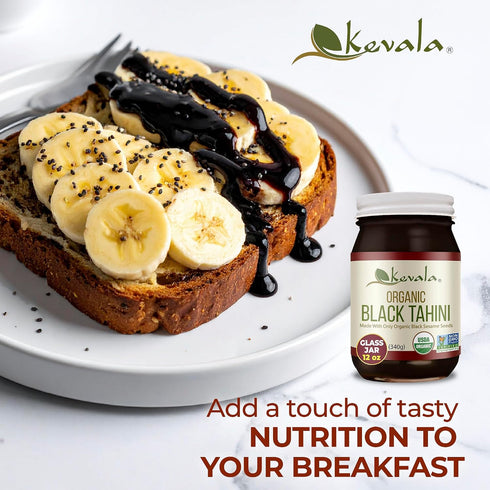 12 oz, 340g Kevala Organic Black Tahini - Gluten Free Black Sesame Paste for Bread, Kitchen Pantry Staple Processed