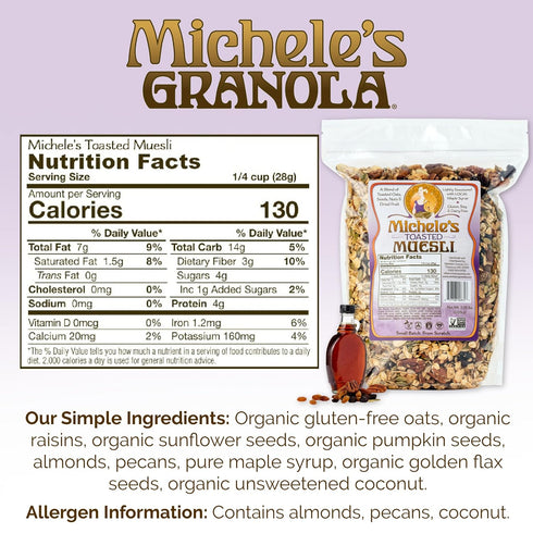 36oz Michele's Toasted Muesli, Whole Grain Cereal, No Refined Sugar, No Added Oil, Gluten-Free & Non-GMO, Resealable