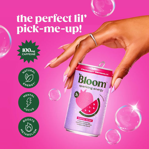 7.5oz 12 Pack Bloom Nutrition Sparkling Energy Drink Minis, Raspberry Lemon & Strawberry Watermelon