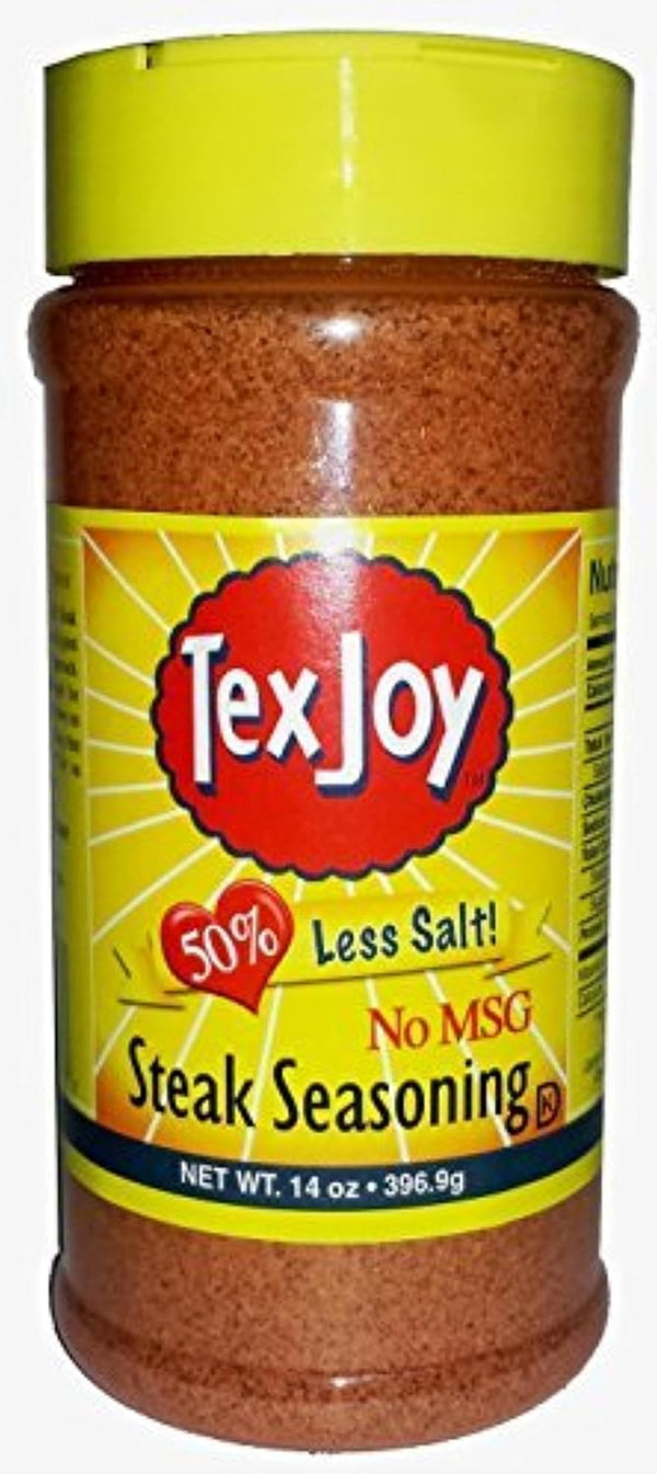 TexJoy 50% Less Salt Steak Seasoning, No MSG Blend - 14 Ounce Shaker Bottle